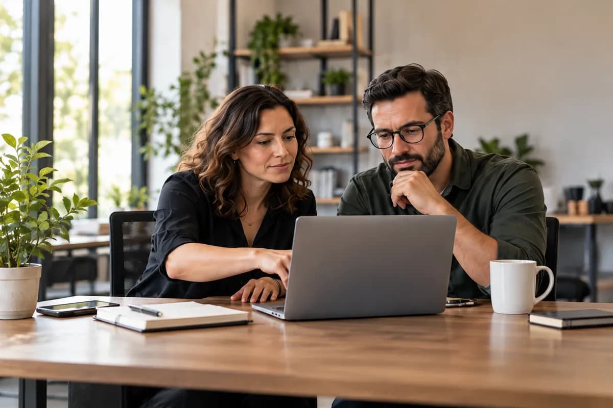 Duas pessoas conferindo juntas a gestão da empresa no notebook.